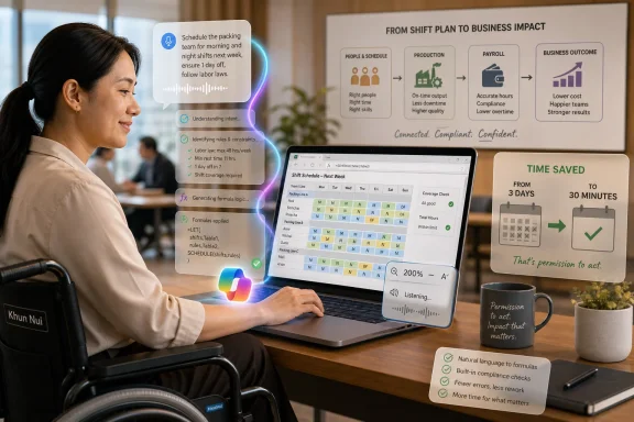 Office worker using a laptop with AI scheduling graphics showing time savings and shift planning.
