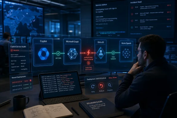 Engineer monitors a Copilot/Entra ID service outage dashboard showing broken authentication and token exchange errors. Engineer monitors a Copilot/Entra ID service outage dashboard showing broken authentication and token exchange errors.