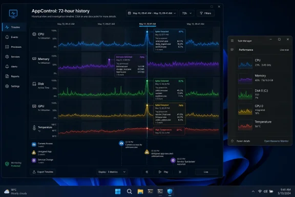 AppControl performance timeline shows CPU, memory, disk, GPU spikes and high temperature alerts in Windows.