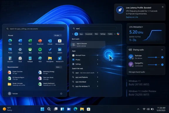 Windows 11 Start menu screen showing app search with a “low latency profile: boosted” CPU boost overlay. Windows 11 Start menu screen showing app search with a “low latency profile: boosted” CPU boost overlay.