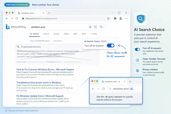 Screenshot of Microsoft Bing search page with an “AI Search Choice” preview extension toggle to disable AI answers. Screenshot of Microsoft Bing search page with an “AI Search Choice” preview extension toggle to disable AI answers.