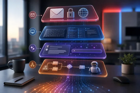 Futuristic cloud server stack with email, security, and AI icons hovering above a desk.