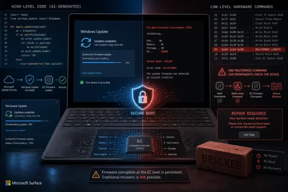 Windows secure boot update fails on a laptop, showing EC firmware corruption and “repair required” message. Windows secure boot update fails on a laptop, showing EC firmware corruption and “repair required” message.