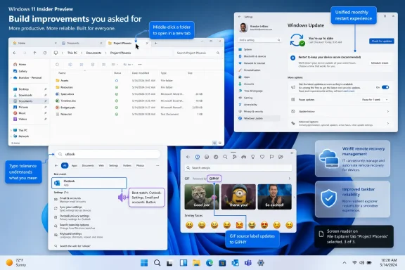 Windows 11 Insider Preview UI collage showing new features like improved updates, search, emojis, and taskbar.