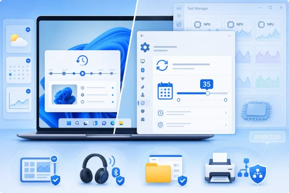 Abstract tech scene showing a Windows laptop with Task Manager/CPU NPU monitoring screens and icons.