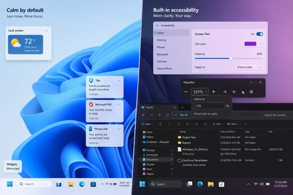 Side-by-side Windows 11 screens showing lock screen widgets and built-in accessibility settings with magnifier.