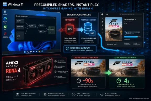 AMD Radeon RDNA 4 and Windows 11 ad graphic shows precompiled shaders reducing game stutter for instant play.