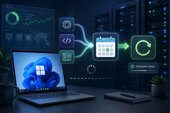 Tech illustration of Windows laptop connected to cloud icons for automated scheduled restart.