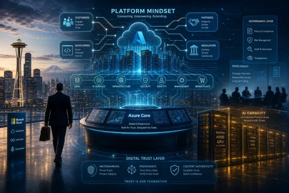 A business leader stands on a futuristic rooftop as holographic AI, trust, and governance graphics overlay a city skyline.