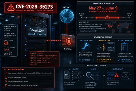Cybersecurity alert infographic for active CVE-2026-35273 PeopleSoft exploitation with remediation and forensic steps.