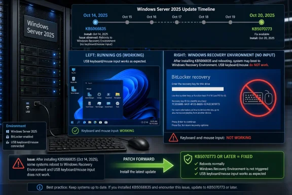 Poster shows Windows Server 2025 update timeline and patch fix: KB5070773 enables keyboard/mouse input during recovery.