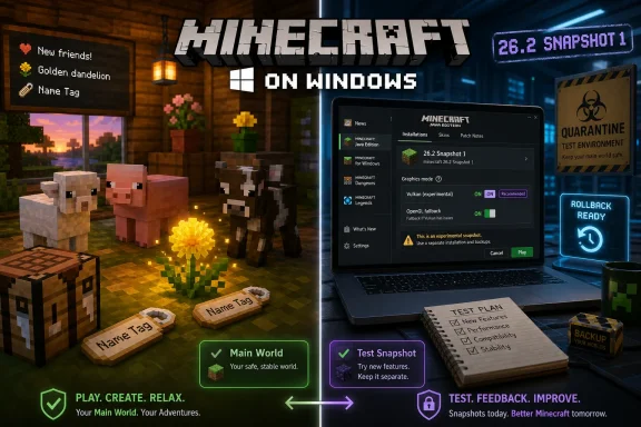 Minecraft Java Edition on Windows shows a “26.2 Snapshot 1” test install with animals, flowers, and UI screens.