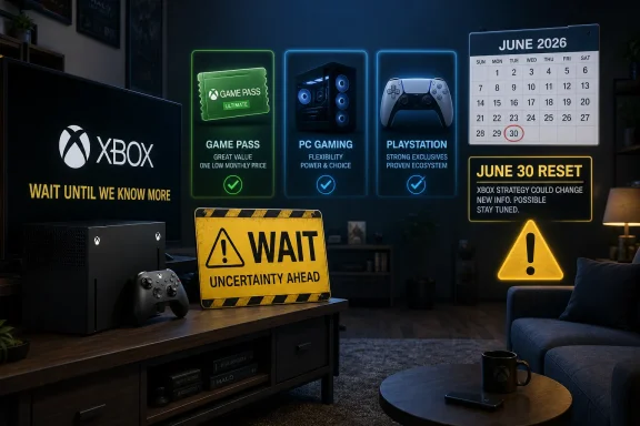 Xbox-themed gaming room graphic shows a June 2026 calendar with “June 30 reset” and warning “Wait until we know more.”