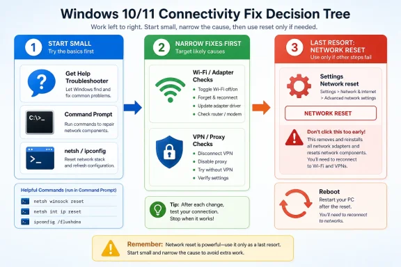 Infographic decision tree for fixing Windows 10/11 connectivity: start small, narrow fixes, use network reset last.