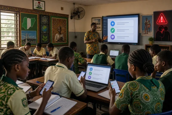 Teacher leads a classroom tech lesson with students using laptops and phones on screen.