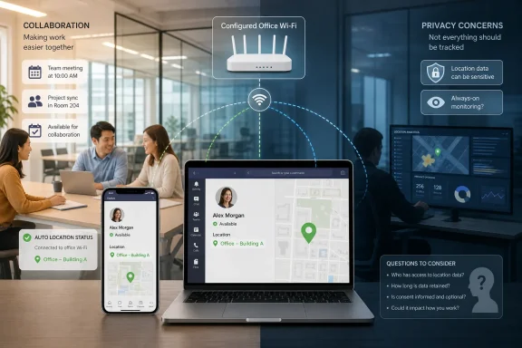 Office scene showing connected devices tracking Wi‑Fi location status with privacy concerns highlighted. Office scene showing connected devices tracking Wi‑Fi location status with privacy concerns highlighted.
