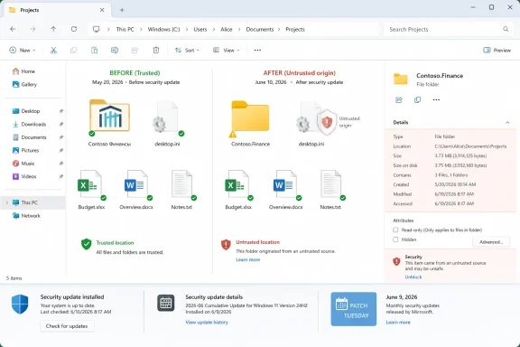 Windows “Projects” folder showing trusted vs untrusted locations after a security update. Windows “Projects” folder showing trusted vs untrusted locations after a security update.