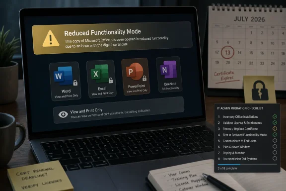 Laptop screen shows Microsoft Office “Reduced Functionality Mode” warning due to a digital certificate issue. Laptop screen shows Microsoft Office “Reduced Functionality Mode” warning due to a digital certificate issue.