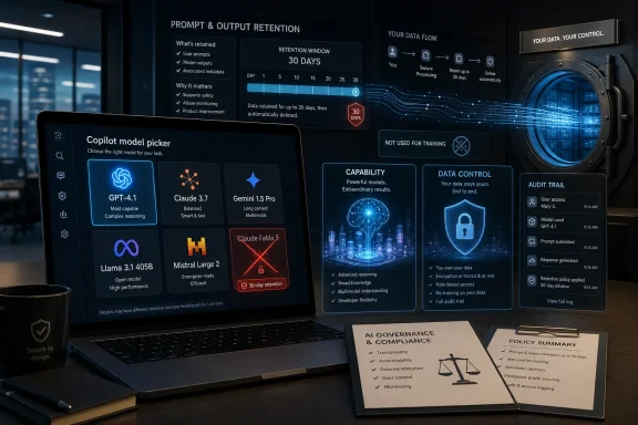 A laptop displays an AI model picker alongside UI graphics for 30-day prompt retention and data control. A laptop displays an AI model picker alongside UI graphics for 30-day prompt retention and data control.
