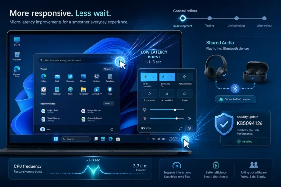 Windows-style update concept with “More responsive. Less wait.” and low-latency burst messaging on a laptop.