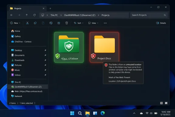 Windows File Explorer shows “Projects” folder with trusted and untrusted directory warning. Windows File Explorer shows “Projects” folder with trusted and untrusted directory warning.