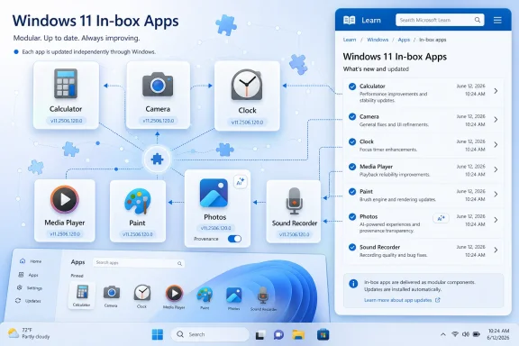 Diagram shows Windows 11 in-box apps updating, with app tiles and an updates list on-screen.