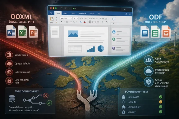 Concept graphic showing document format conversions (OOXML/ODF) on a global map with security and governance icons.