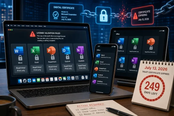 Laptop and phone display Microsoft license validation failed and certificate expiring, with “249 days left” notice. Laptop and phone display Microsoft license validation failed and certificate expiring, with “249 days left” notice.
