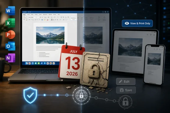Laptop and phones show document editing with a “View & Print Only” badge, calendar date July 13 2026, and a security lock. Laptop and phones show document editing with a “View & Print Only” badge, calendar date July 13 2026, and a security lock.