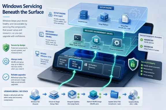Windows servicing diagram showing WinRE recovery environment, setup files, updates, and secure upgrade flow on a laptop. Windows servicing diagram showing WinRE recovery environment, setup files, updates, and secure upgrade flow on a laptop.