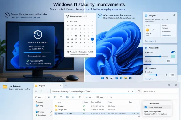 Promotional graphic showing Windows 11 stability updates, restoring system and pause features over a blue desktop. Promotional graphic showing Windows 11 stability updates, restoring system and pause features over a blue desktop.