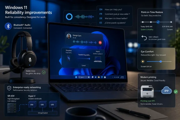 Windows 11 reliability features shown on a laptop with headset and UI panels (Bluetooth audio, restore, eye comfort). Windows 11 reliability features shown on a laptop with headset and UI panels (Bluetooth audio, restore, eye comfort).