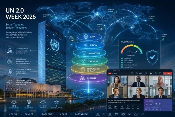 UN 2.0 Week 2026 promotional graphic with a digital world map, data layers, and trust meter. UN 2.0 Week 2026 promotional graphic with a digital world map, data layers, and trust meter.