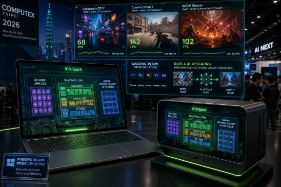 Display of RTX Spark laptops and AI upscaling benchmarks at a tech expo, with game FPS panels.