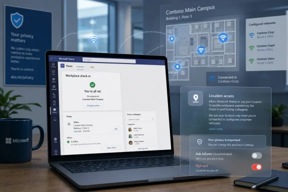 Laptop on a desk shows Microsoft Teams workplace check-in with location privacy and network settings overlays. Laptop on a desk shows Microsoft Teams workplace check-in with location privacy and network settings overlays.