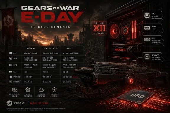 Gears of War: E-Day PC requirements poster with DirectX 12 and gear-themed hardware specs. Gears of War: E-Day PC requirements poster with DirectX 12 and gear-themed hardware specs.