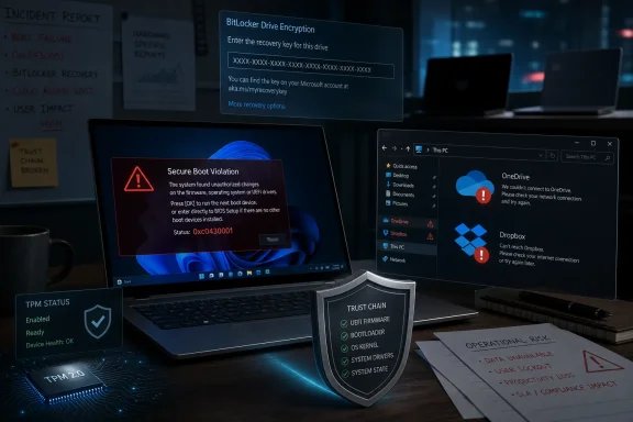 IT security workstation shows BitLocker recovery and secure boot violation alerts with TPM trust shield. IT security workstation shows BitLocker recovery and secure boot violation alerts with TPM trust shield.