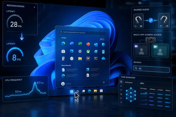 Tech UI overlay shows Windows app menu with latency, CPU frequency, shared audio, and task manager charts. Tech UI overlay shows Windows app menu with latency, CPU frequency, shared audio, and task manager charts.
