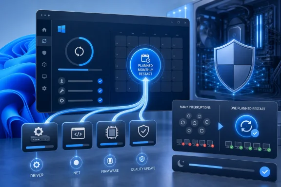 Windows PC security dashboard and server system show planned monthly restart with shield protection. Windows PC security dashboard and server system show planned monthly restart with shield protection.