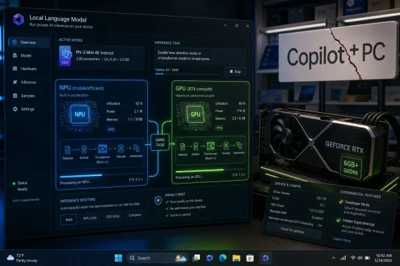 Laptop screen shows a local AI language model running with NPU/GPU inference and a Copilot+PC NVIDIA RTX setup. Laptop screen shows a local AI language model running with NPU/GPU inference and a Copilot+PC NVIDIA RTX setup.