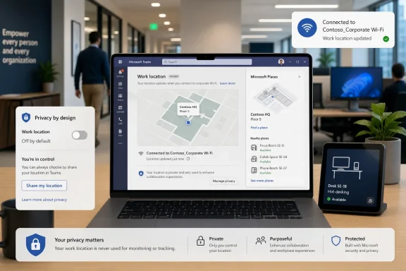 Laptop in a modern office shows Microsoft Teams work-location privacy settings while connected to Contoso Wi‑Fi. Laptop in a modern office shows Microsoft Teams work-location privacy settings while connected to Contoso Wi‑Fi.