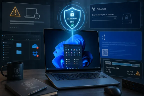 Secure boot and BitLocker recovery UI over a laptop, suggesting TPM-protected disk encryption. Secure boot and BitLocker recovery UI over a laptop, suggesting TPM-protected disk encryption.