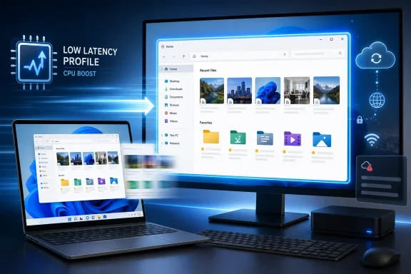Blue tech-themed desktop setup showing a low-latency CPU boost profile with file browser on monitors. Blue tech-themed desktop setup showing a low-latency CPU boost profile with file browser on monitors.