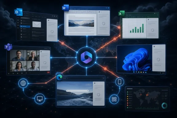 Digital network diagram linking Microsoft apps and data visuals around a central cloud icon. Digital network diagram linking Microsoft apps and data visuals around a central cloud icon.