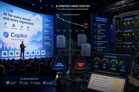 Presenter addresses an “AI strategy under scrutiny” stage with charts and server-cluster hardware. Presenter addresses an “AI strategy under scrutiny” stage with charts and server-cluster hardware.