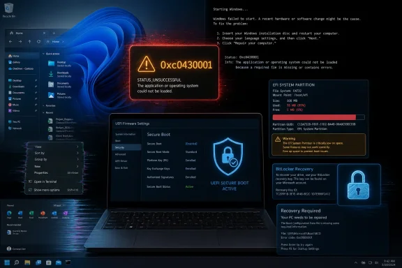 Windows startup error 0xC0430001 on a laptop screen, showing recovery and Secure Boot/EFI partition warning. Windows startup error 0xC0430001 on a laptop screen, showing recovery and Secure Boot/EFI partition warning.