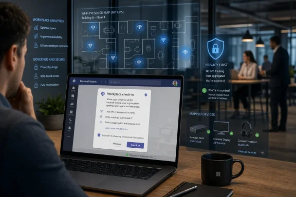 Laptop in an office shows a workplace Wi‑Fi presence map with privacy controls and check-in prompt.