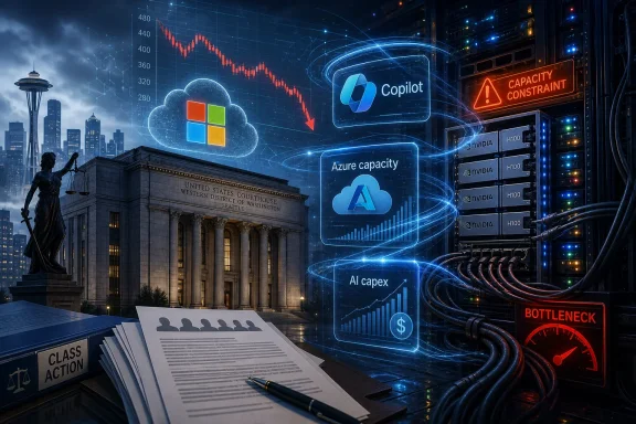 Futuristic court and server room overlay shows stock drops and Azure/Copilot AI capacity with “bottleneck” warnings. Futuristic court and server room overlay shows stock drops and Azure/Copilot AI capacity with “bottleneck” warnings.