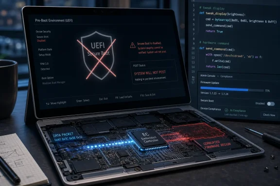 Laptop shows UEFI pre-boot screen warning “Secure Boot disabled” with corrupted firmware region on open EC board. Laptop shows UEFI pre-boot screen warning “Secure Boot disabled” with corrupted firmware region on open EC board.