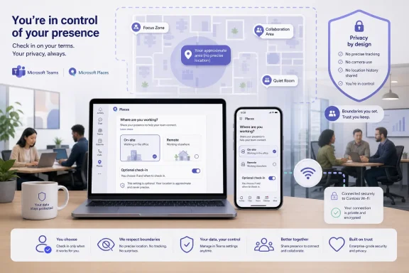 Office workers use a laptop and phone app showing Microsoft Places “privacy by design” check-in controls.